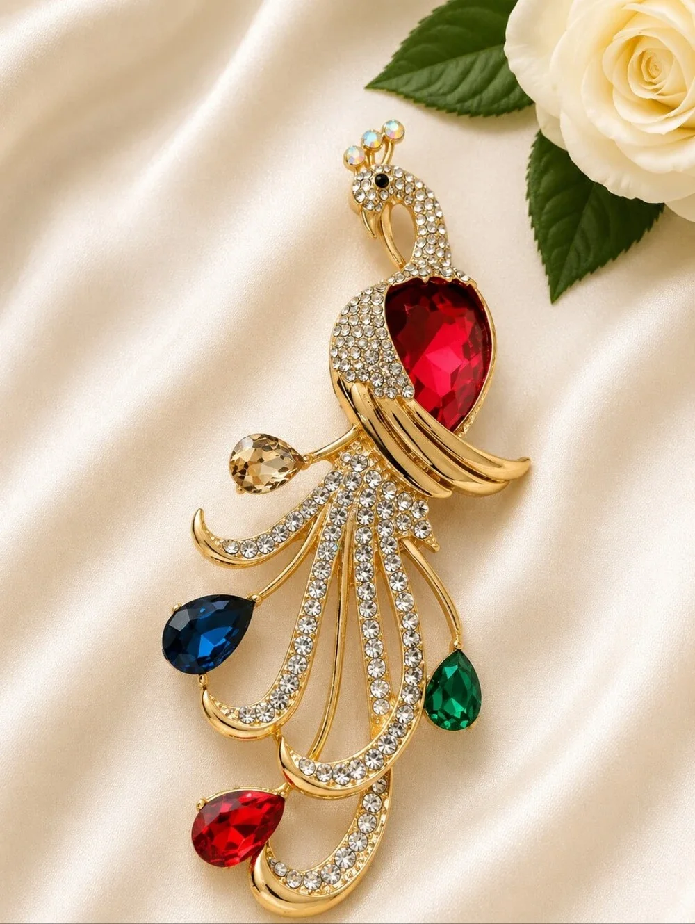 Gold Tone Peacock Bird Crystal Brooch Pin